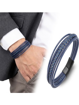 Fm 💎 Premium  Mavi Siyah Çoklu Deri Bileklik Zamak Kilit 31833B2D7Z - 21 cm