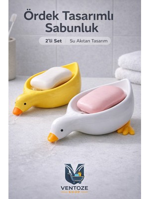 Ventoze Sevimli Ördek Tasarımlı Vakumlu Sabunluk | Dekoratif Banyo ve Mutfak Kaymaz Sabun Tutucu 2 Adet