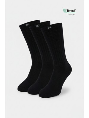 Allunique Lastikli ve Yumuşak Siyah Diz Altı Çorap 3'lü Paket Doğal Liyosel Tencel Lifli