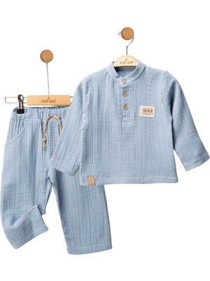 by BebekOdam Erkek Bebek Mavi Hakim Yaka Düğmeli Müslin 2'li Takım - 1016702