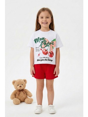 Lupinn Kız Çocuk Kiraz Baskılı Tişört Şort Takım Beyaz Baskılı Tişört Kırmızı Şort Yazlık Çocuk Takım