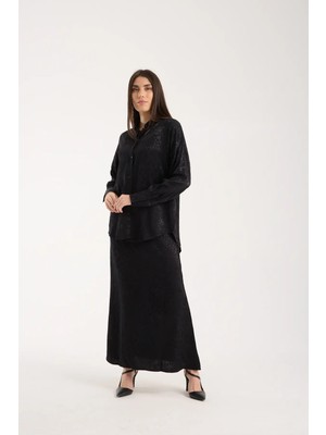 Win Moda Tesettür Takım - Gömlek ve 93 cm Uzun Etek A-Line - Desenli Dokulu Kumaş