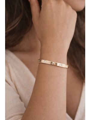 Lia Charm Kadın Gold Kaplama Taşlı Kelepçe Bileklik - Vidalı Model Çelik Kelepçe