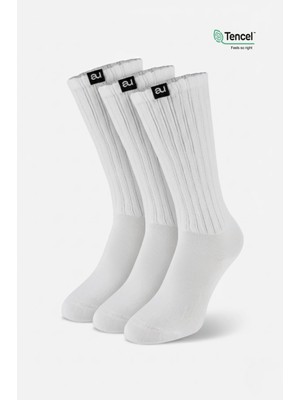 Allunique Lastikli ve Yumuşak Beyaz Diz Altı Çorap 3'lü Paket Doğal Liyosel Tencel Lifli