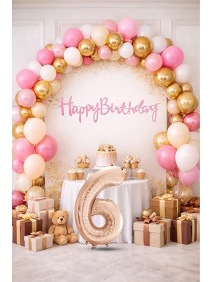 Tedaks Pompa Hediyeli Doğum Günü Seti Banner Gold Pembe Kum Beji Beyaz Balonlar Rose Gold Rakam