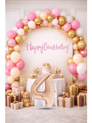 Tedaks Pompa Hediyeli Doğum Günü Seti Banner Gold Pembe Kum Beji Beyaz Balonlar Rose Gold Rakam