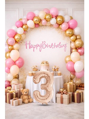 Tedaks Pompa Hediyeli Doğum Günü Seti Banner Gold Pembe Kum Beji Beyaz Balonlar Rose Gold Rakam