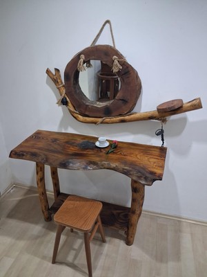 Bengi Ankara Mobilya Dresuar Lambader 90649 Kuru Zeytin Ağaçtan Üretilmiş Fırınlanmış Doğal Ayna El Yapım