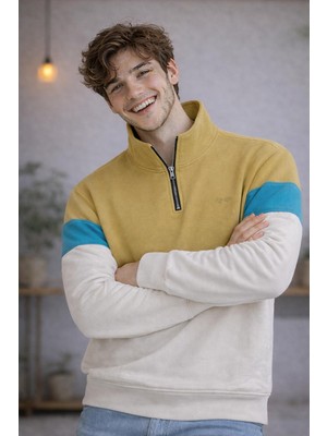 Starzone Regular Dik Yaka 3 Bloklu Sweatshirt