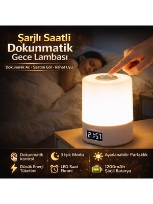 Polham 1200MAH Şarjlı Saatli Dokunmatik LED  Masa Lambası, 3 Işık Modlu,  Parlaklık Ayarlı Gece Lambası