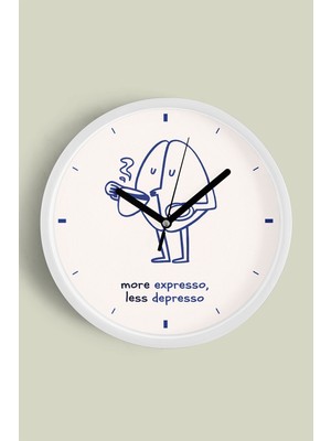 JHAAR Modern Yazılı Tasarım - '' More Expresso, Less Depresso '' Mutfak Duvar Saati - 25CM - Önü Camlı Beyaz Kasa