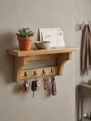 Antre Rafı ve 4'lü Anahtar Askısı - 35CM, Dekoratif Duvar Rafı & Anahtarlık