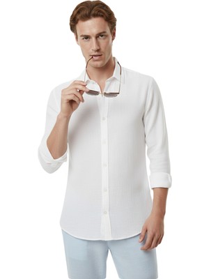 Deepsea Beyaz Rahat Kalıp %100 Keten Erkek Gömlek – Yazlık Çizgi Desenli Yeni Sezon Gömlek 2602616