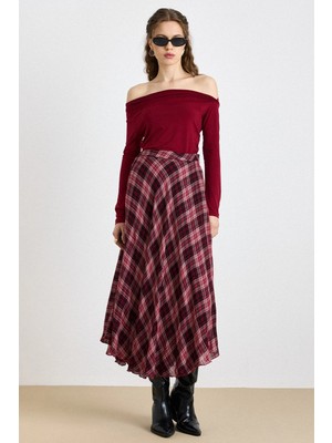 Olcay Ekose Desenli Kloş İnce Kumaş Etek BORDO 7074