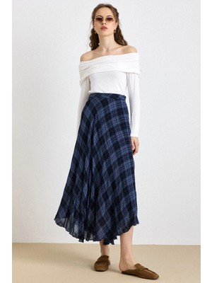 Olcay Ekose Desenli Kloş İnce Kumaş Etek LACİVERT 7074