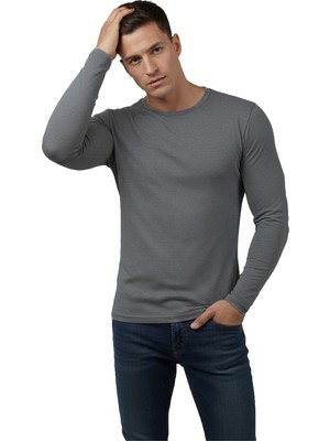 Deepsea Antrasit Dar Kalıp Likralı %90 Pamuk Erkek Sweatshirt – Vücuda Oturan Ince Penye Sweat 2300423