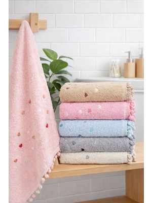 Çeyiz Merkezi 6\'lı Ponponlu Kalpli El Yüz Havlusu 50X90
