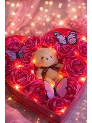 Ada Home Collection Ayıcıklı Pembe Saten Güllü Kapli Ledli Kutu