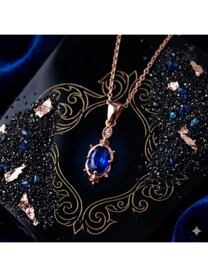 GIBYJEWEL Antika Tarz Pırlanta Modeli Mavi Taşlı 925 Ayar Rose Kaplama Vintage Gümüş Kolye