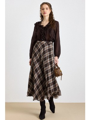 Olcay Ekose Desenli Kloş İnce Kumaş Etek KAHVE 7074