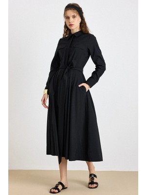 Olcay Düğme Kapamalı Pile Detaylı Pamuklu Elbise Siyah 9417-E