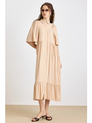 Olcay Büzgü Detaylı Yarım Kol Soft Elbise Somon 9418-E