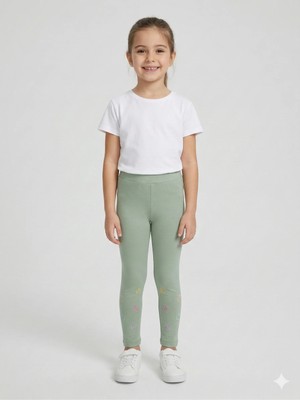 İncili Kız Çocuk Pamuklu Çiçek Nakışlı Esnek Tayt - Okul ve Günlük Kullanım Çocuk Taytı - Çağla