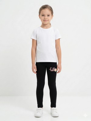 İncili Kız Çocuk Pamuklu "hello" Nakışlı Esnek Tayt | Okul ve Günlük Rahatlık-Siyah