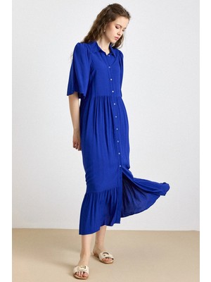 Olcay Büzgü Detaylı Yarım Kol Soft Elbise Saks 9418-E