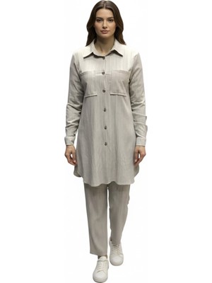 Ece Giyim Kadın Tunik Önden Düğmeli Üstten Cepli Kol Manşetli Pantolon Beli Lastikli Cepli Ikili Takım