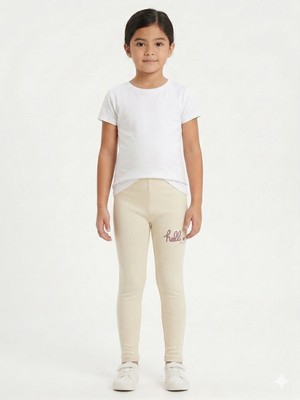 İncili Kız Çocuk Pamuklu "hello" Nakışlı Esnek Tayt | Okul ve Günlük Rahatlık-Krem