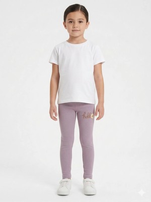 İncili Kız Çocuk Pamuklu "hello" Nakışlı Esnek Tayt | Okul ve Günlük Rahatlık-Lila