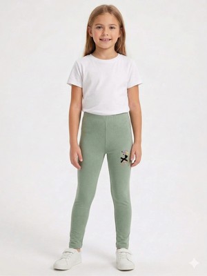 İncili Kız Çocuk Pamuklu  Nakışlı Esnek Tayt - Çağla Okul ve Günlük Kullanım Çocuk Taytı