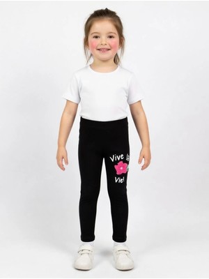 İncili Kız Çocuk Pamuklu Çiçek Nakışlı Esnek Tayt - Siyah Vive La Vie Yazılı Okul ve Günlük Tayt