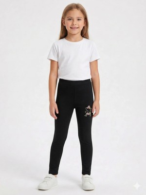 İncili Kız Çocuk Pamuklu  Nakışlı Esnek Tayt - Siyah Okul ve Günlük Kullanım Çocuk Taytı