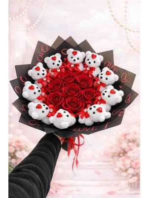 Ada Home Collection Beyaz Ayıcıklı Kadife Güllü Yapay Çiçek Buketi