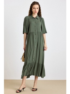 Olcay Büzgü Detaylı Yarım Kol Soft Elbise Haki 9418-E