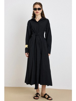 Olcay Düğme Kapamalı Kuşak Detaylı Kloş Pamuklu Elbise Siyah 9419-E