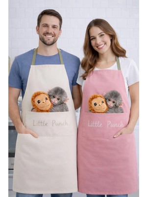 Cepli Krem Pudra Sevimli Little Punch ve Orangutan Baskılı  Mutfak Önlüğü Seti