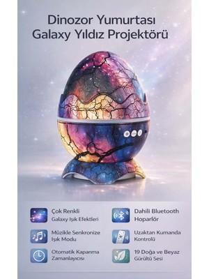 FaroxTech Dinozor Yumurtası Galaxy Yıldız Projektör - Bluetooth Hoparlörlü Gece Lambası
