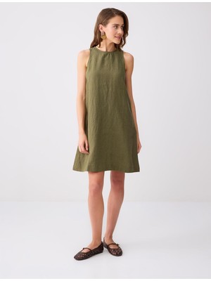 Jimmy Key Haki %100 Keten Kolsuz Bisiklet Yaka Mini Elbise