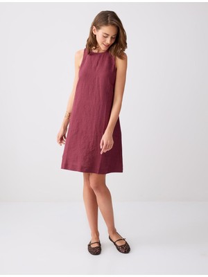 Jimmy Key Bordo %100 Keten Kolsuz Bisiklet Yaka Mini Elbise