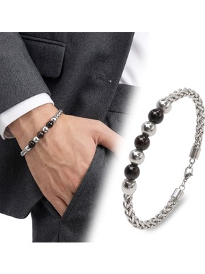 Fm 💎 Premium Siyah Beyaz Çelik Top Çelik Zincir Erkek Bileklik 31834B29D1 - 25 cm