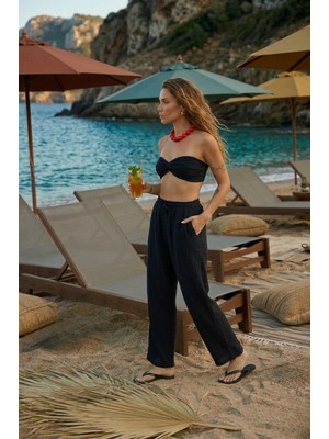 Miespiga %100 Pamuklu Dokuma Müslin Düğüm Crop Top Arkası Lastikli 2'li Pantolon Takım