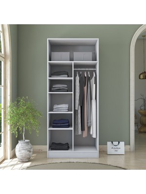 Rani BA223 Membran Kapaklı Gardırop 2 Kapaklı 5 Raflı Askılı Elbise Dolabı Beyaz