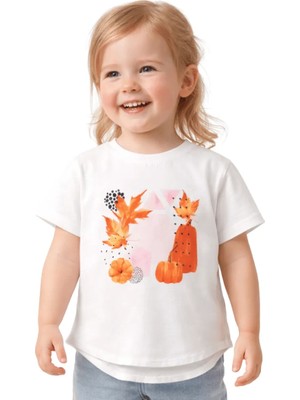 Escabel Kız Çocuk Önü Şık Baskılı Arkası Düz T-Shirt Ekru