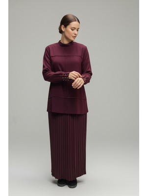 Ece Giyim Kadın Hakim Yaka Önü Taşlı Arkadan Fermuarlı Etek Beli Lastikli Pliseli Ikili Takım
