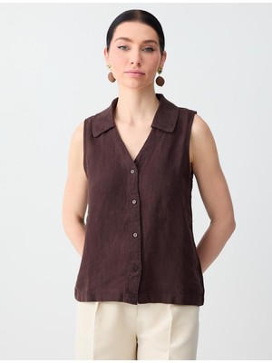 Jimmy Key Acı Kahve %100 Keten Kolsuz Dar Kesim Gömlek