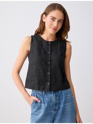 Jimmy Key Siyah %100 Keten Dar Kesim Dokuma Yelek