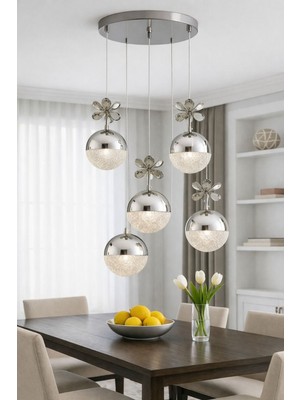 Şeker Krom 5li Avize 3 Renk - Parlak ve Zarif Aydınlatma Deneyimi Yatak Odası-Hol-Salon